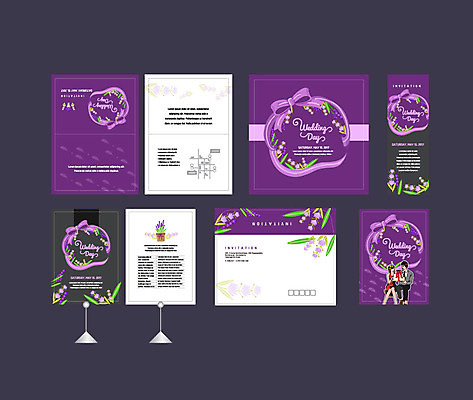 템플릿 배너템플릿 여자 남자 리본 결혼 이벤트 두명 세트 보라색 현수막 전단 청첩장 엽서 초대장 약도 소봉투 행사세트 행사템플릿 AI파일 배너 컬러 지도 편지봉투 카드_감사 사람 편지 홍보물 파일형식 벡터