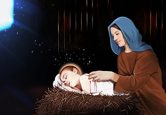 PSD 여자 남자 기독교 일러스트 엄마 성인 두명 성경 아기 예수 볏짚 성경이야기 마리아 성화 아기예수 예수탄생 마굿간 말구유 국내일러스트 종교 종교용품 가족 이야기 사람 신_종교 짚 외양간 파일형식