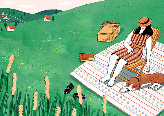 주간 전신 PSD 한마리 공원 여자 여유 일러스트 한명 앉기 초원 야외 초록색 반려동물 눕기 소풍 잠 강아지 돗자리 도시락가방 반려 펫팸족 국내일러스트 자연요소 동물 1 공공시설 감정 컬러 가방 모션 사람 야외활동 개 신조어 파일형식