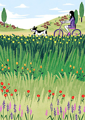 주간 전신 PSD 한마리 여자 여유 꽃밭 일러스트 한명 초원 야외 초록색 반려동물 자전거 강아지 반려 펫팸족 국내일러스트 자연요소 동물 1 꽃 감정 컬러 사람 바이크 개 신조어 파일형식
