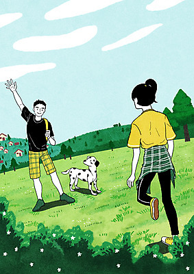 주간 전신 PSD 한마리 커플 공원 여자 남자 여유 일러스트 초원 야외 두명 초록색 반려동물 걷기 산책 강아지 손인사 반려 펫팸족 국내일러스트 자연요소 동물 1 공공시설 감정 컬러 관계 모션 휴식 사람 인사 개 신조어 파일형식