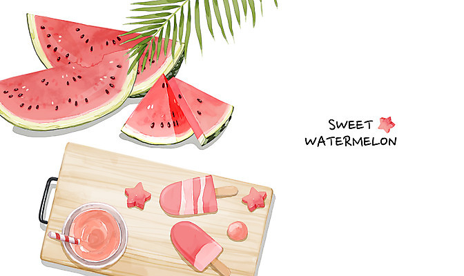 PSD 백그라운드 일러스트 나뭇잎 아이스크림 여름음식 수채화 수박 도마 사람없음 여름 여름휴가 바캉스 시원함 막대아이스크림 수박주스 여름라이프 제철음식 제철과일 과채 국내일러스트 라이프스타일 계절 음식 잎 채소 과일 주방용품 휴가 디저트 과일주스 제철 파일형식 여름_계절