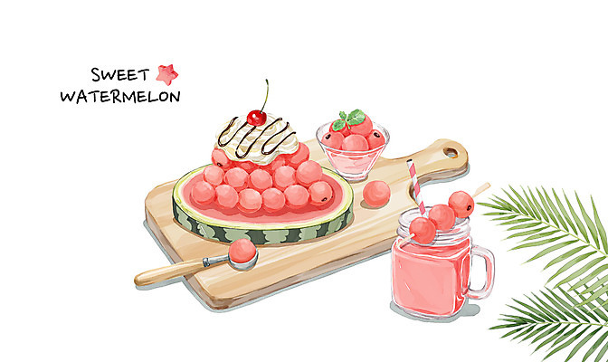 PSD 백그라운드 일러스트 나뭇잎 여름음식 수채화 수박 도마 사람없음 여름 여름휴가 바캉스 시원함 생크림 과일꼬치 여름라이프 제철음식 제철과일 과채 국내일러스트 라이프스타일 계절 음식 잎 채소 과일 주방용품 휴가 꼬치 크림 제철 파일형식 여름_계절