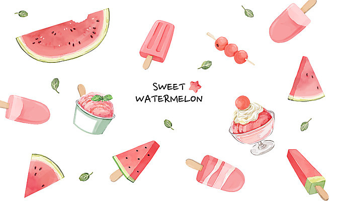 PSD 백그라운드 패턴 일러스트 나뭇잎 아이스크림 여름음식 수채화 수박 사람없음 여름 여름휴가 바캉스 시원함 과일꼬치 막대아이스크림 여름라이프 제철음식 제철과일 과채 국내일러스트 라이프스타일 계절 음식 잎 무늬 채소 과일 휴가 디저트 꼬치 제철 파일형식 여름_계절