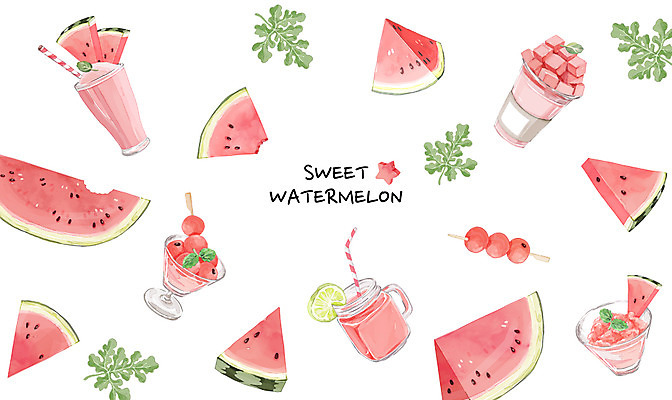 PSD 백그라운드 패턴 일러스트 나뭇잎 여름음식 수채화 수박 사람없음 여름 여름휴가 바캉스 시원함 파르페 과일파르페 수박주스 여름라이프 제철음식 제철과일 과채 국내일러스트 라이프스타일 계절 음식 잎 무늬 채소 과일 휴가 디저트 과일주스 제철 파일형식 여름_계절