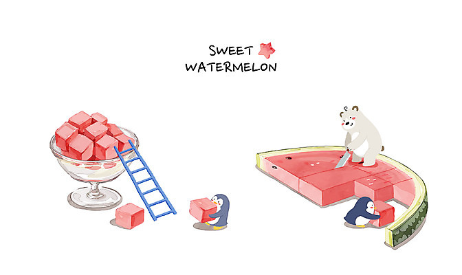 PSD 백그라운드 일러스트 사다리 곰 여름음식 수채화 수박 세마리 사람없음 여름 여름휴가 바캉스 시원함 펭귄 여름라이프 제철음식 제철과일 과채 국내일러스트 동물 라이프스타일 계절 음식 채소 과일 포유류 조류 휴가 3 도구 제철 파일형식 여름_계절