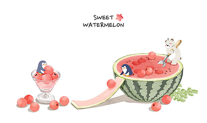 PSD 백그라운드 일러스트 곰 여름음식 수채화 수박 세마리 사람없음 여름 여름휴가 바캉스 숟가락 시원함 펭귄 여름라이프 제철음식 제철과일 과채 국내일러스트 동물 라이프스타일 계절 음식 채소 과일 포유류 조류 휴가 수저 3 제철 파일형식 여름_계절