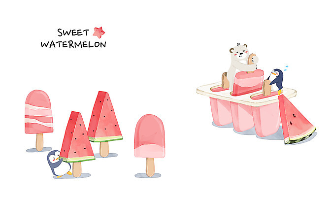 PSD 백그라운드 일러스트 곰 아이스크림 여름음식 수채화 수박 세마리 사람없음 여름 여름휴가 바캉스 시원함 펭귄 막대아이스크림 여름라이프 제철음식 제철과일 과채 국내일러스트 동물 라이프스타일 계절 음식 채소 과일 포유류 조류 휴가 디저트 3 제철 파일형식 여름_계절
