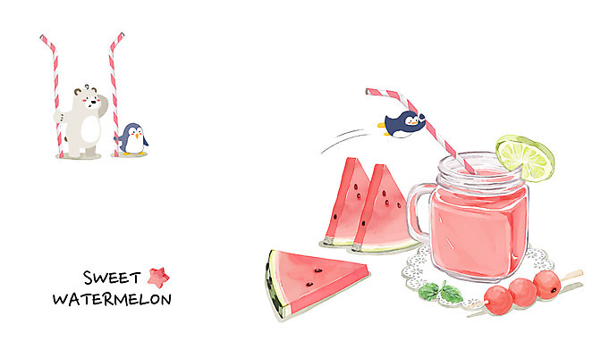 PSD 백그라운드 일러스트 곰 여름음식 수채화 수박 빨대 세마리 사람없음 여름 여름휴가 바캉스 시원함 펭귄 라임 과일꼬치 수박주스 여름라이프 제철음식 제철과일 과채 국내일러스트 동물 라이프스타일 계절 음식 채소 과일 포유류 조류 휴가 3 꼬치 과일주스 제철 파일형식 여름_계절
