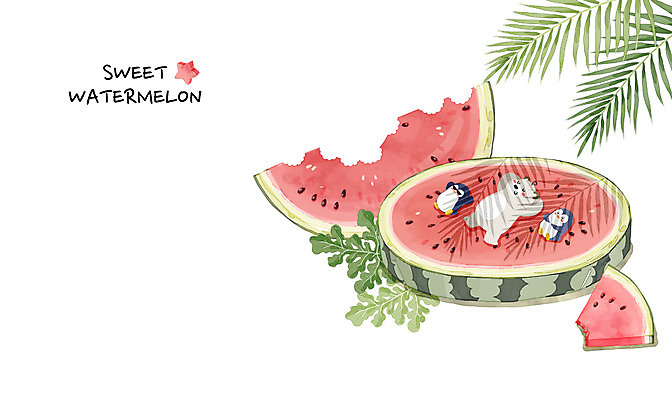 PSD 백그라운드 잎 일러스트 곰 여름음식 수채화 수박 세마리 사람없음 여름 여름휴가 바캉스 그늘 시원함 펭귄 여름라이프 제철음식 제철과일 과채 국내일러스트 식물 동물 라이프스타일 계절 음식 채소 과일 포유류 조류 휴가 3 제철 파일형식 여름_계절