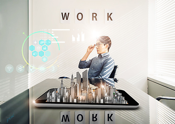 PSD 편집 편집이미지 응시 남자 의자 비즈니스 한명 앉기 빌딩 상반신 20대 성인 옆모습 태블릿 한국인 업무 비즈니스맨 책상 회의실 홀로그램 이미지편집 1 시선 뷰포인트 가구 모션 사람 동양인 청년 건물 전자제품 스마트기기 작업 직장인 파일형식