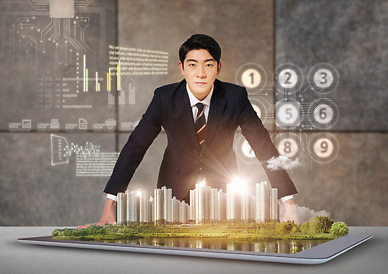 PSD 편집 편집이미지 남자 비즈니스 한명 빌딩 상반신 20대 성인 태블릿 숫자 한국인 연못 비즈니스맨 회로판 보안 반도체 홀로그램 4차산업 이미지편집 문자 1 산업 안전 사람 동양인 청년 건물 전자제품 스마트기기 직장인 파일형식