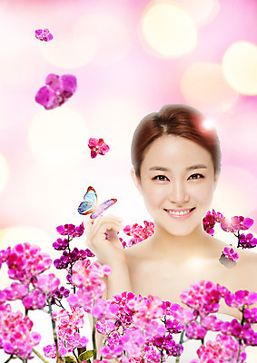 PSD 편집 편집이미지 우먼라이프 여자 꽃 나비 한명 웃음 상반신 20대 성인 뷰티 한국인 보케 호접란 의료성형뷰티 성인여자한명만 이미지편집 식물 1 라이프스타일 곤충 표정 사람 동양인 청년 여자한명만 성인여자만 파일형식