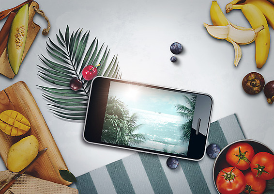 PSD 편집 편집이미지 바다 토마토 과일 나뭇잎 도마 바나나 사람없음 스마트폰 야자수 체리 나이프 멜론 블루베리 망고 망고스틴 이미지편집 나무 식기 잎 채소 주방용품 핸드폰 스마트기기 칼 열대과일 파일형식