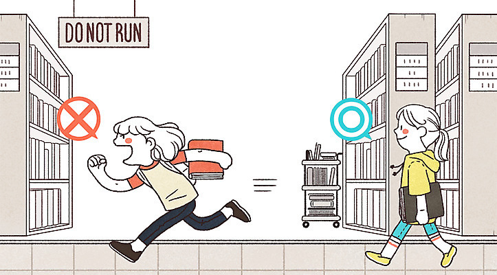 전신 PSD 여자 일러스트 책장 서기 두명 책 달리기 금지 도서관 규칙 소음 공공예절 국내일러스트 교육 가구 모션 사람 소리 예절 파일형식