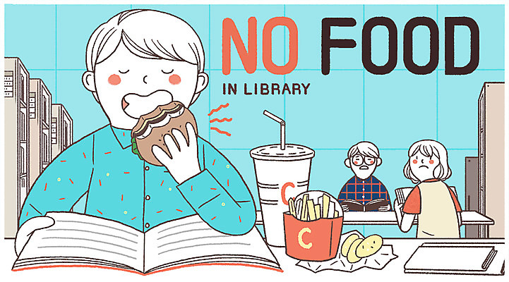 PSD 여자 남자 일러스트 서기 앉기 상반신 성인 책 세명 독서 손상 햄버거 도서관 먹기 규칙 공공예절 음식물금지 국내일러스트 교육 컨셉 모션 패스트푸드 사람 금지 예절 파일형식
