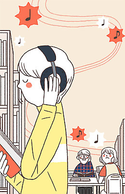 PSD 여자 남자 음악 음표 일러스트 서기 앉기 상반신 성인 책 세명 헤드폰 음악감상 도서관 규칙 소음 공공예절 국내일러스트 기호 교육 음향기기 모션 문화예술 사람 소리 감상 예절 파일형식