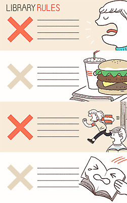 PSD 여자 남자 일러스트 프레임 대화 상반신 성인 책 세명 달리기 손상 금지 햄버거 도서관 규칙 소음 공공예절 프레임일러스트 국내일러스트 교육 컨셉 모션 패스트푸드 말하기 사람 소리 예절 파일형식