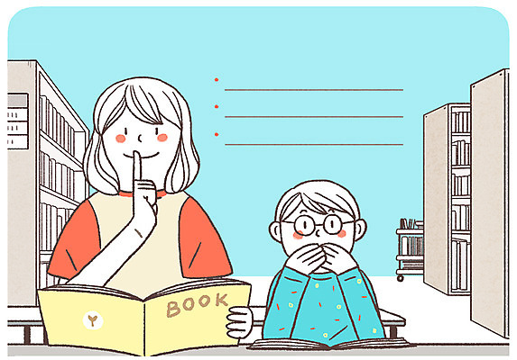 PSD 여자 남자 일러스트 책장 프레임 앉기 손짓 상반신 성인 두명 책 독서 도서관 쉿 조용 규칙 공공예절 프레임일러스트 국내일러스트 교육 가구 모션 사람 예절 파일형식