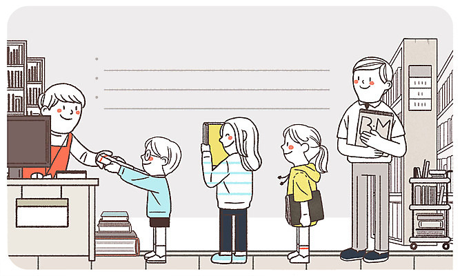 전신 PSD 여자 남자 어린이 일러스트 책장 프레임 서기 웃음 들기 여러명 상반신 성인 책 도서관 규칙 공공예절 대여 순서 줄서기 프레임일러스트 도서대출 국내일러스트 교육 가구 다수 모션 표정 사람 예절 파일형식