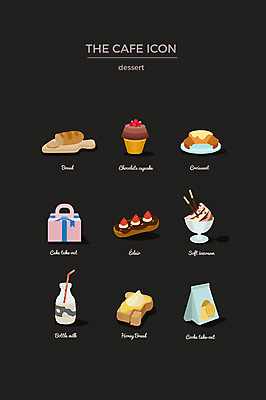 아이콘 빵 아이스크림 사람없음 세트 쿠키 케이크 컵케이크 크루아상 웹아이콘 테이크아웃 병우유 허니브레드 에클레어 2D아이콘 AI파일 음식 디저트 우유 파일형식 벡터