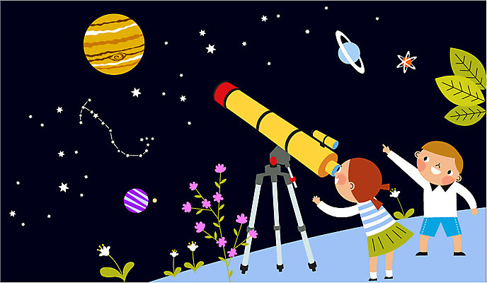 전신 식물 여자 남자 꽃 별 여행 일러스트 두명 우주 행성 관찰 탐사 우주여행 천체망원경 토성 목성 국내일러스트 AI파일 자연요소 모션 사람 망원경 파일형식 벡터
