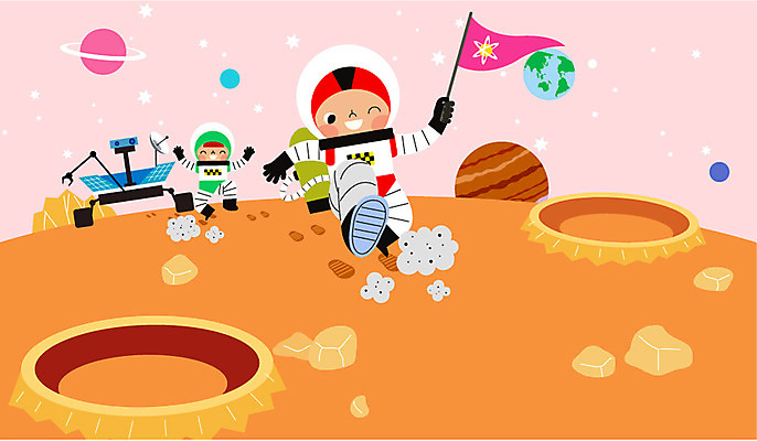 전신 여자 남자 별 지구 여행 일러스트 두명 우주 행성 우주비행사 깃발 발자국 우주선 비행선 분화구 탐사 우주여행 토성 목성 우주탐사 화성 국내일러스트 AI파일 자연요소 자국 사람 화산 파일형식 벡터