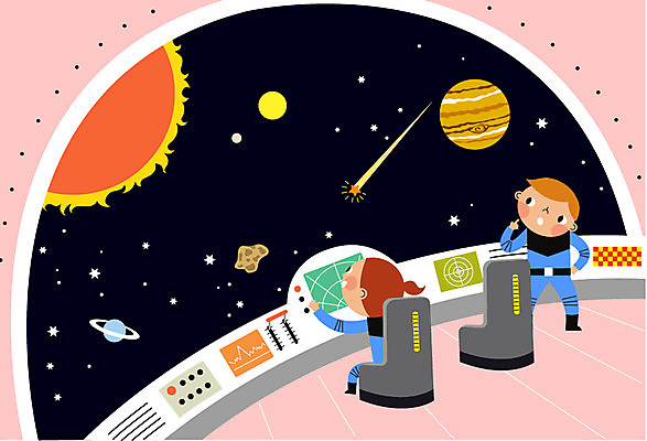 전신 여자 남자 여행 의자 일러스트 서기 앉기 두명 태양 우주 행성 우주비행사 관찰 우주선 비행선 탐사 우주여행 토성 목성 계기판 우주탐사 조종실 혜성 국내일러스트 AI파일 자연요소 별 가구 모션 사람 파일형식 벡터