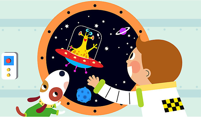 남자 별 반려견 여행 일러스트 창문 한명 서기 상반신 우주 행성 만남 우주비행사 외계인 강아지 우주선 구경 비행선 환영 탐사 우주여행 반가움 국내일러스트 AI파일 자연요소 1 감정 컨셉 모션 사람 반려동물 미확인물체 개 파일형식 벡터