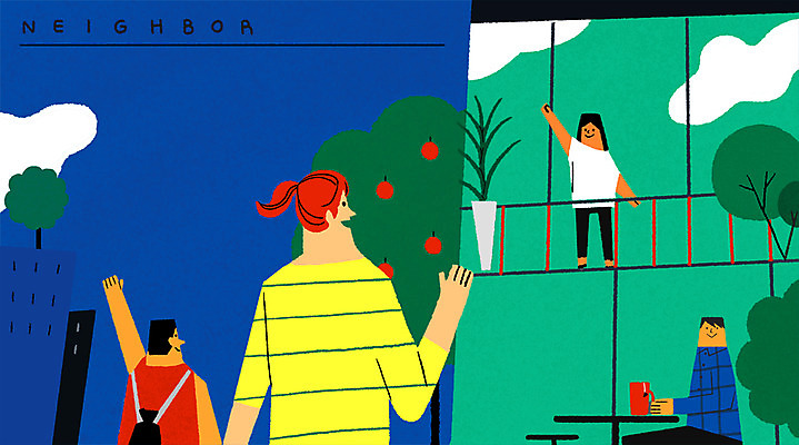 전신 PSD 나무 구름 여자 남자 일러스트 하늘 여러명 상반신 성인 마을 인사 이웃 국내일러스트 자연요소 식물 다수 사람 예절 파일형식