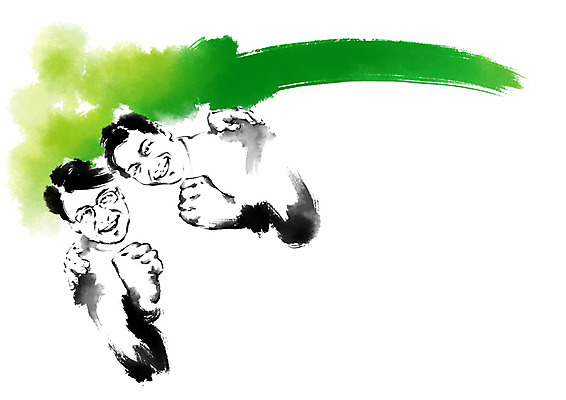 PSD 남자 중년 일러스트 캘리그라피 중년라이프 어깨동무 붓터치 웃음 상반신 성인 두명 친구 파이팅 비즈니스맨 국내일러스트 라이프스타일 포즈 비즈니스 관계 모션 표정 사람 직장인 파일형식