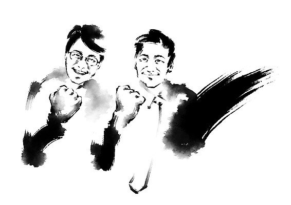 PSD 남자 중년 일러스트 캘리그라피 중년라이프 붓터치 상반신 성인 두명 친구 파이팅 비즈니스맨 국내일러스트 라이프스타일 비즈니스 관계 모션 사람 직장인 파일형식