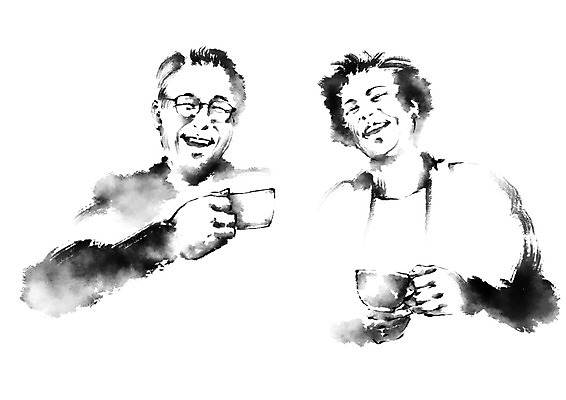 PSD 여자 노년 남자 일러스트 캘리그라피 티타임 웃음 상반신 성인 두명 노부부 실버 커피잔 국내일러스트 부부 커피 휴식 잔 표정 사람 파일형식