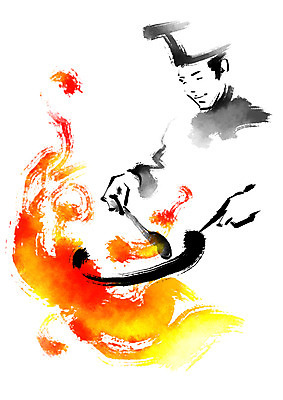 PSD 남자 일러스트 캘리그라피 불 요리 한명 상반신 성인 중식 요리사 프라이팬 국내일러스트 자연요소 직업 1 음식 주방용품 사람 파일형식