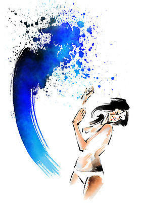 PSD 여자 파도 바다 일러스트 캘리그라피 붓터치 한명 성인 여름 여름휴가 바캉스 비키니 번짐 국내일러스트 1 계절 수영복 휴가 사람 파일형식 효과 여름_계절