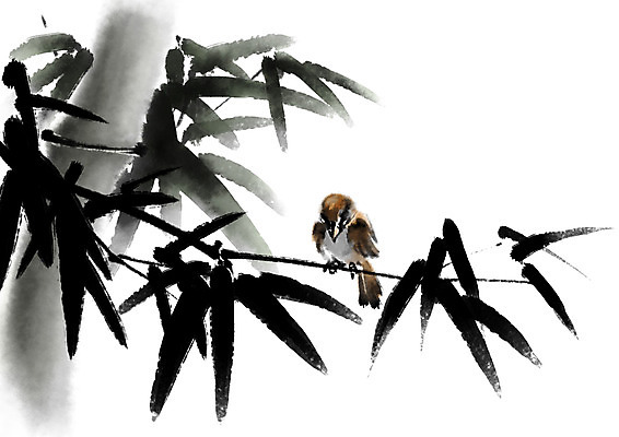 PSD 한마리 일러스트 캘리그라피 자연 수묵화 사람없음 나뭇가지 대나무 참새 대나무잎 국내일러스트 나무 1 잎 조류 미술 생태계 파일형식