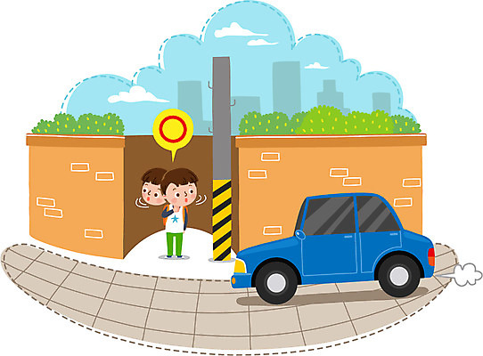 전신 구름 남자 도로 어린이 벽 일러스트 자동차 한명 서기 안전 골목길 전봇대 안전교육 국내일러스트 AI파일 자연요소 1 공공시설 교육 길 육상교통 교통시설 모션 사람 파일형식 벡터