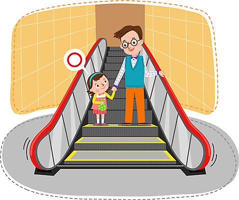전신 여자 남자 딸 어린이 일러스트 서기 안전 성인 두명 손잡기 아빠 쇼핑몰 에스컬레이터 안전교육 안전선 국내일러스트 AI파일 교육 가족 모션 사람 파일형식 벡터