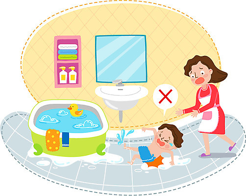 전신 여자 남자 아들 어린이 일러스트 엄마 바닥 욕조 안전 성인 두명 수건 거울 욕실 위험 세면대 안전교육 물기포 국내일러스트 AI파일 교육 컨셉 가족 사람 위생용품 파일형식 벡터