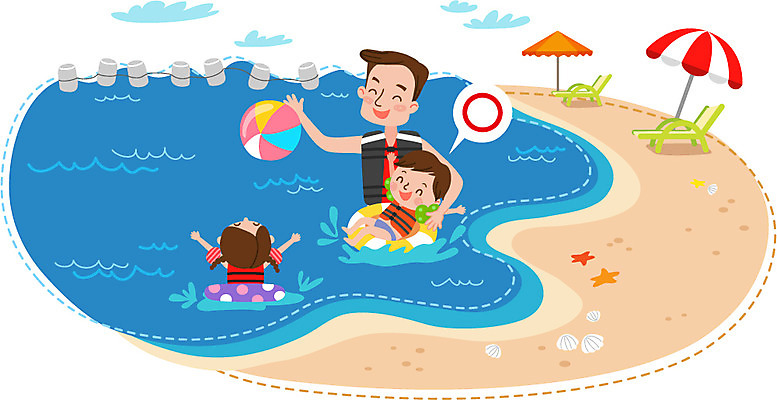 구름 여자 남자 어린이 일러스트 공 물놀이 안전 상반신 성인 해변 파라솔 아빠 안전장비 선베드 구명조끼 튜브 국내일러스트 AI파일 자연요소 바다 의자 가족 놀이 사람 장비 구조용품 파일형식 벡터