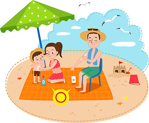 전신 여자 남자 어린이 일러스트 갈매기 하늘 안전 성인 세명 부모 파라솔 바닷가재 선크림 돗자리 모래성 국내일러스트 AI파일 모래 가족 조류 사람 화장품 가재 파일형식 벡터