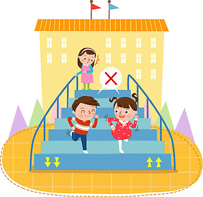 전신 여자 남자 어린이 일러스트 장난 학교 서기 안전 달리기 계단 위험 국내일러스트 AI파일 교육 컨셉 모션 사람 파일형식 벡터