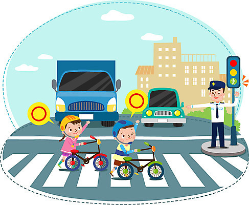 전신 여자 남자 도로 어린이 일러스트 자동차 서기 안전 성인 건물 세명 손들기 걷기 자전거 횡단보도 경찰 안전장비 신호등 스쿨존 국내일러스트 AI파일 직업 건축물 길 육상교통 교통시설 모션 사람 바이크 장비 보행로 파일형식 벡터