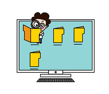 전신 캐릭터 남자 스티커 일러스트 돋보기 직업캐릭터 한명 서기 성인 컴퓨터 과학자 폴더 탐색 일러캐릭터 AI파일 직업 1 과학 모션 사람 전자제품 파일 학자 파일형식 벡터