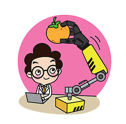 캐릭터 남자 스티커 오렌지 일러스트 직업캐릭터 한명 상반신 성인 노트북 잡기 과학자 로봇팔 원격조종 일러캐릭터 AI파일 직업 1 과학 과일 모션 사람 전자제품 로봇 학자 파일형식 벡터