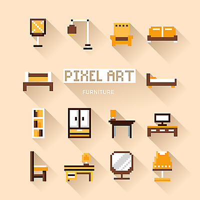 아이콘 가구 의자 조명 책장 사람없음 인테리어 소파 노란색 거울 침대 스탠드 장롱 책상 웹아이콘 픽셀 픽셀아이콘 2D아이콘 AI파일 디자인 컬러 생활용품 파일형식 벡터