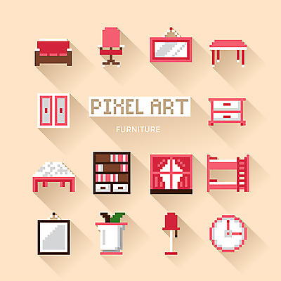 아이콘 화분 시계 분홍색 가구 액자 의자 창문 식탁 조명 책장 선반 사람없음 인테리어 소파 커튼 찬장 웹아이콘 이층침대 픽셀 픽셀아이콘 2D아이콘 AI파일 디자인 컬러 생활용품 탁자 침대 파일형식 벡터
