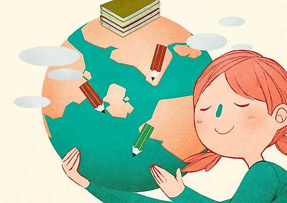 PSD 구름 여자 교육 지구 어린이 일러스트 한명 상반신 책 글로벌 연필 국내일러스트 자연요소 1 학용품 사람 필기구 파일형식