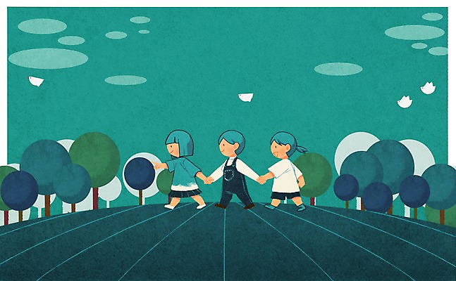 전신 PSD 나무 구름 여자 남자 지구 어린이 일러스트 조류 하늘 세명 손잡기 국내일러스트 자연요소 식물 동물 모션 사람 파일형식