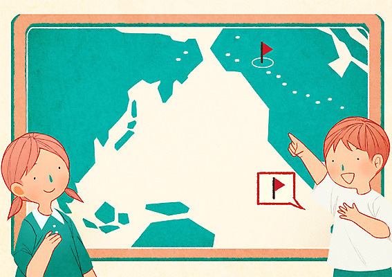 PSD 여자 남자 어린이 세계지도 일러스트 서기 상반신 두명 행선지 깃발 선택 국내일러스트 컨셉 지도 모션 사람 세계 파일형식